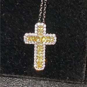 HOLY CROSS PAVE ENCRUSTED SUBTLE YELLOW WHITE CZ STONE 16” NECKLACE NEW !!!